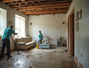 Water damage to a residential ceiling with visible discoloration and water stains on the drywall and surrounding areas.