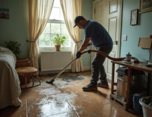 A water-damaged living room with soaked carpet, furniture, and walls, with water pooling on the floor and visible stains on